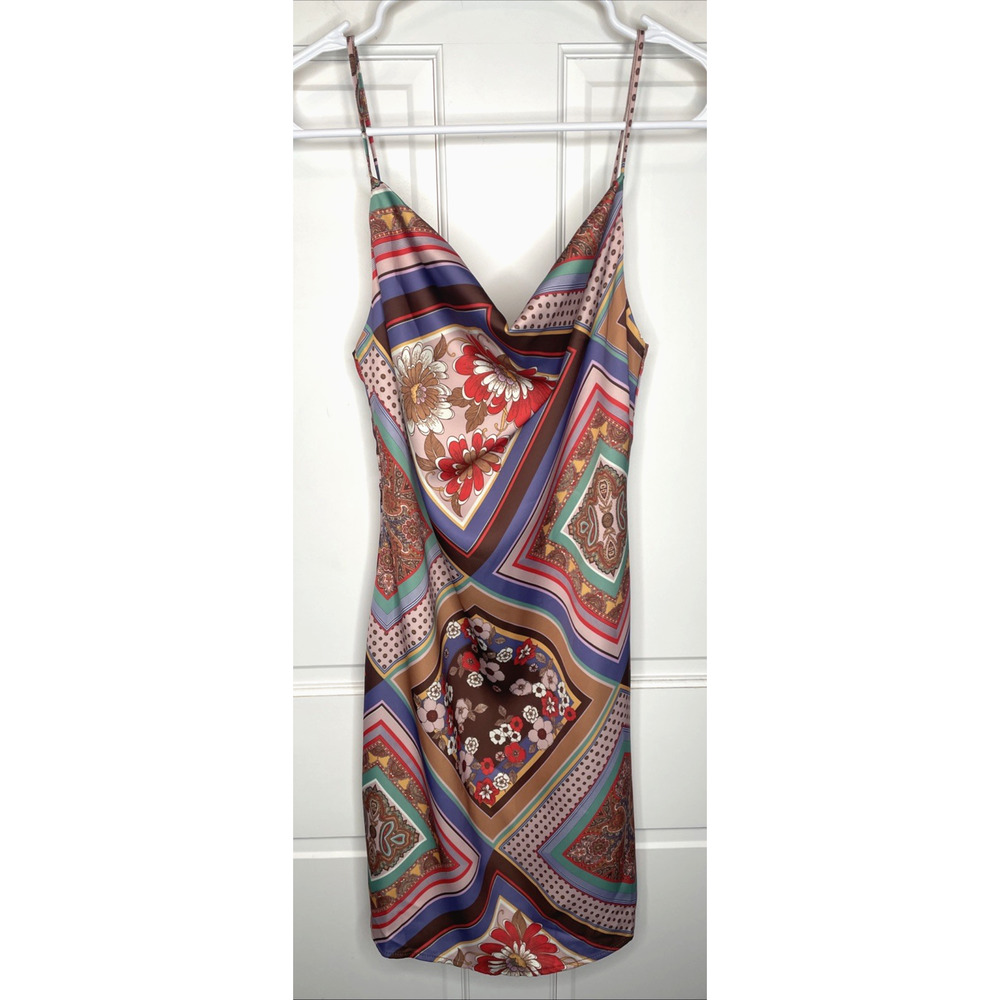 NWT Urban Outfitters Cowl Neck Slip Mini Dress XS 70's Retro Patchwork Floral